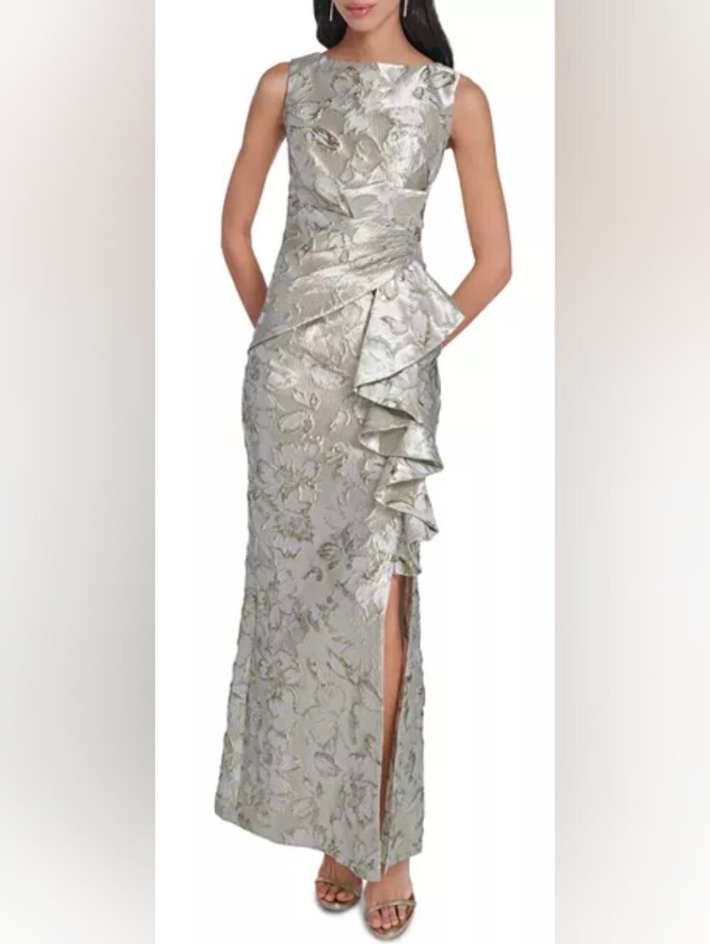 Eliza J NWT Silver Metallic Jacquard Ruffle Sleeveless Maxi Gown Dress Size 10